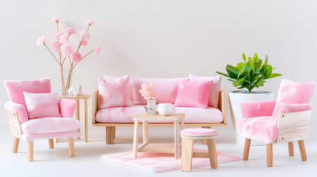 A stylish and inviting living room featuring a bright pink theme with a modern sofa, comfortable chairs, a centerpiece table, and vibrant plants to enhance the decor.の素材