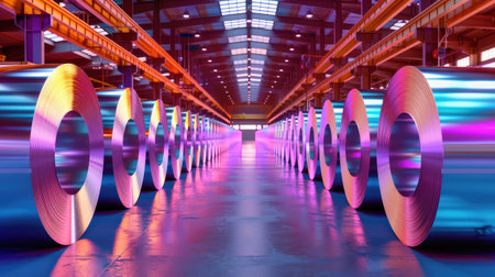 A stunning view of colorful metal rolls arranged in a modern industrial warehouse, showcasing vibrant lighting and reflections, ideal for visual impact.の素材