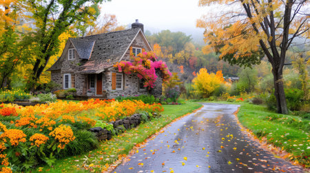 A picturesque stone cottage nestled in the heart of autumn. Surrounded by a vibrant landscape, colorful flowers, and a serene pathway, the scene captures a tranquil escape into nature's beauty.の素材