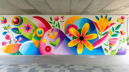 This vivid wall mural features a blend of colorful flowers and abstract shapes, bringing life and vibrancy to the urban environment. Perfect for art lovers.の素材