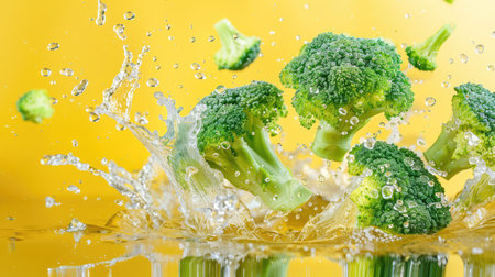 This captivating image showcases fresh broccoli splashing in clear water against a bold yellow background, emphasizing vibrant colors and freshness.の素材