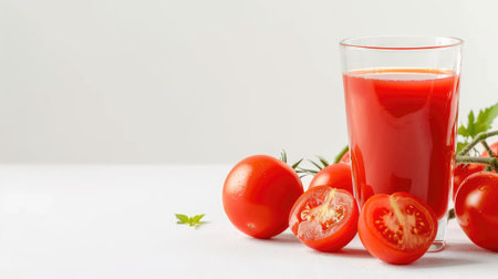 A vibrant glass of freshly squeezed tomato juice sits amidst ripe tomatoes, highlighting the freshness and health benefits of natural ingredients.の素材