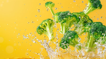 A vibrant image of fresh broccoli splashing in clear water against a bright yellow backdrop. Captures the essence of healthy eating and freshness. Perfect for food-related themes.の素材