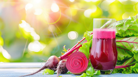 This vibrant image showcases a fresh beet juice in a glass, surrounded by whole beets and leafy greens under bright sunlight, highlighting the essence of healthy living.の素材