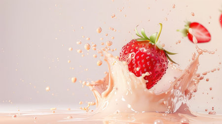 This captivating image features a fresh strawberry making a splash in creamy liquid, surrounded by dynamic droplets. The soft lighting perfectly highlights the juicy texture, making it an ideal visual for food and beverage projects.の素材