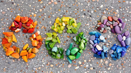 This image features a stunning arrangement of colorful pebbles creatively shaped on a gray surface, showcasing vibrant colors and unique textures perfect for artistic projects.の素材