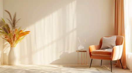 This inviting image depicts a cozy modern living room featuring a stylish armchair bathed in warm natural light. The gentle colors and thoughtful decor create a tranquil ambiance perfect for relaxation.の素材