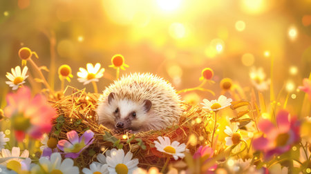 This charming image features a hedgehog peacefully nestled in a warm nest of straw surrounded by colorful flowers, illuminated by soft, golden sunlight.の素材
