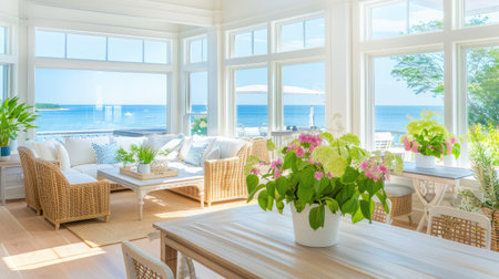 A stunning coastal living room filled with natural light, showcasing a breathtaking ocean view. The space features comfortable furniture, vibrant flowers, and an inviting atmosphere perfect for relaxation or entertaining.の素材