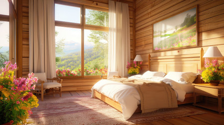 A serene and inviting bedroom showcasing warm wooden decor, vibrant floral arrangements, and breathtaking mountain views through large windows, creating a peaceful retreat.の素材