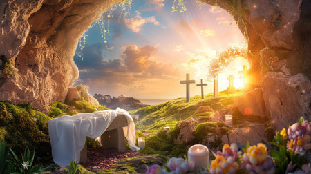 A tranquil scene featuring a tomb entrance with a white cloth, surrounded by crosses and blooming flowers. The sunset casts a warm glow, creating a serene atmosphere.の素材