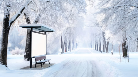 A tranquil winter scene featuring a snow-covered road and a bus stop surrounded by frosted trees, creating a serene atmosphere in nature.の素材