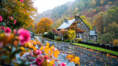 A charming cottage sits beside a serene rainy road, surrounded by vibrant autumn foliage and blooming flowers, creating a peaceful and picturesque scene.の素材