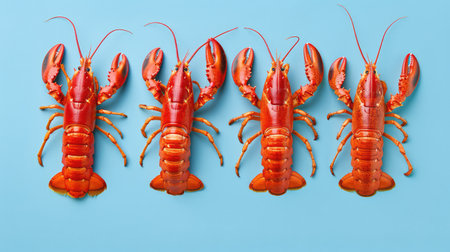 This vibrant stock photo features four fresh red lobsters displayed on a striking blue background, ideal for culinary projects, menus, or seafood promotions.の素材