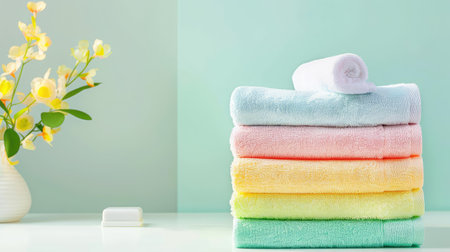 Discover a serene scene featuring a stack of soft, pastel bathroom towels alongside delicate flowers. Perfect for conveying comfort and cleanliness.の素材
