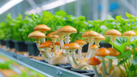 This vibrant image showcases freshly grown edible mushrooms in a modern greenhouse setting, surrounded by healthy green plants, highlighting sustainable agriculture practices.の素材