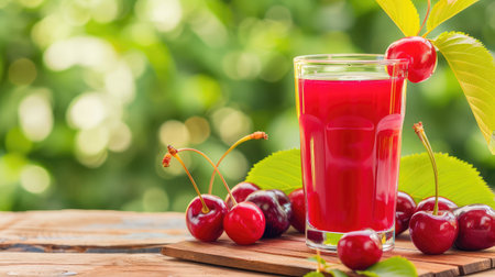 A vibrant glass of cherry juice sits on a wooden table, surrounded by fresh cherries and green leaves, creating a refreshing summer beverage scene.の素材