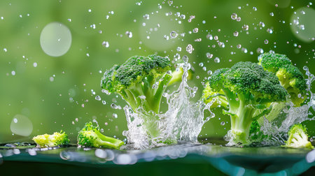 This dynamic image captures fresh broccoli splashing in water, creating a refreshing and vibrant scene. The green background enhances the healthy eating theme, making it perfect for culinary uses.の素材