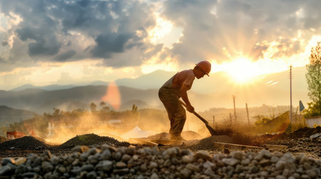 A determined worker in a hard hat is digging at a construction site during sunset, with dust clouds rising and mountains in the background. The scene captures the essence of hard work and dedication in a beautiful natural setting.の素材