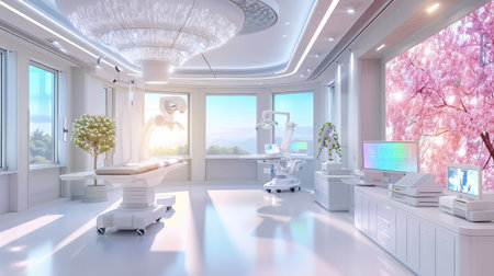 A bright and modern medical clinic interior featuring advanced healthcare equipment, soothing decor, and large windows with serene views.の素材
