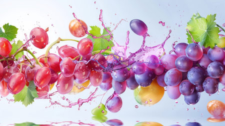 A stunning visual representation of fresh grapes and colorful fruits surrounded by splashes of water, showcasing the vibrancy and freshness perfect for any healthy lifestyle themed project.の素材