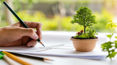 A close-up of a hand sketching a landscape design featuring a miniature tree in a flower pot. Surrounded by colored pencils, the scene captures creativity and growth in a bright, natural light setting.の素材