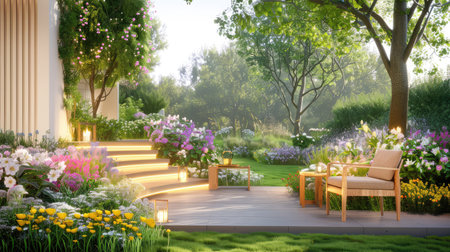 This image captures a tranquil outdoor garden oasis featuring vibrant flowers, a cozy seating area, and soft evening lighting, perfect for relaxation.の素材