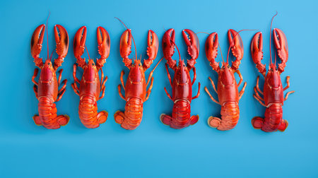 A vibrant arrangement of freshly cooked lobsters displayed against a bright blue background, showcasing their rich colors and texture, ideal for culinary themes.の素材