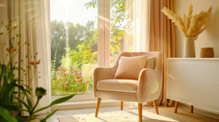 A cozy living room featuring a soft armchair bathed in warm sunlight, enhancing the serene atmosphere. The large window offers a view of vibrant greenery outside, perfect for relaxation.の素材