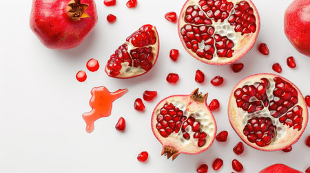 A vivid arrangement of fresh pomegranates, showcasing juicy seeds and a splash of juice, perfect for health-conscious food themes and vibrant compositions.の素材