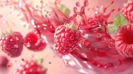 This stunning image captures fresh raspberries splashing into a vibrant red liquid, showcasing water droplets amidst a soft, colorful background.の素材