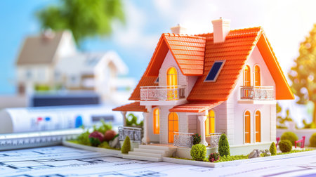 A beautifully crafted model house sits on detailed blueprints, showcasing modern architecture and design elements, perfect for real estate themes.の素材