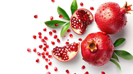 This stunning image features fresh pomegranate fruits with vibrant red seeds, highlighted by lush green leaves, perfect for health and nutrition themes.の素材