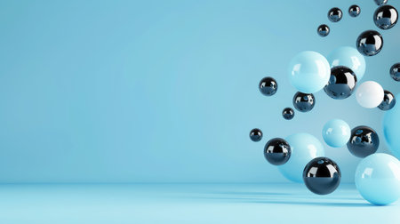 A captivating image of floating orbs in shades of blue, black, and white against a smooth blue background, perfect for modern designs and artistic projects.の素材