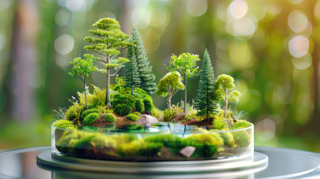 A captivating miniature forest displayed in a glass terrarium, featuring lush greenery, tranquil water reflections, and an artistic arrangement that brings nature indoors.の素材