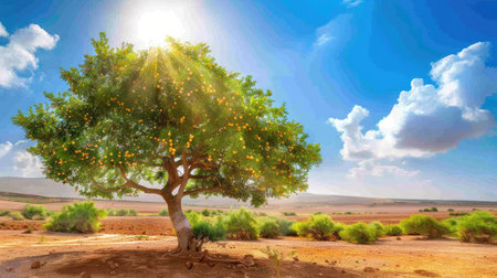 A stunning image of a majestic tree bathed in bright sunlight, set against a vibrant blue sky with fluffy clouds, captures the beauty and serenity of nature.の素材