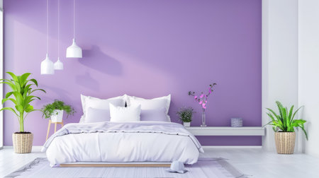 A serene modern bedroom featuring a purple accent wall, soft white bedding, and vibrant greenery. The space embodies tranquility and contemporary style.の素材