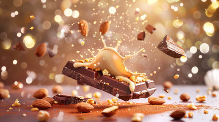 A captivating image of a chocolate bar with a caramel splash and almonds, evoking a sense of sweetness and indulgence perfect for dessert lovers.の素材