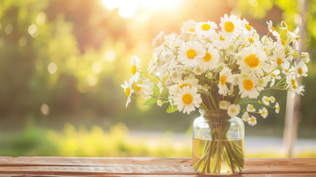 A lovely arrangement of fresh daisies in a clear jar sits on a wooden table, beautifully illuminated by warm sunlight, creating a serene outdoor atmosphere.の素材