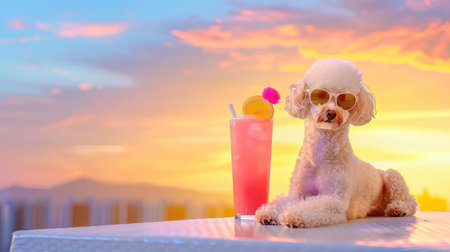 A charming poodle dog wearing sunglasses relaxes beside a refreshing pink drink during a vibrant sunset, capturing the essence of summer joy.の素材