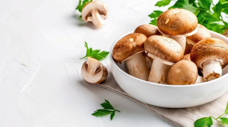 A collection of fresh edible mushrooms elegantly displayed in a white bowl, accented by vibrant green herbs, perfect for culinary inspiration.の素材
