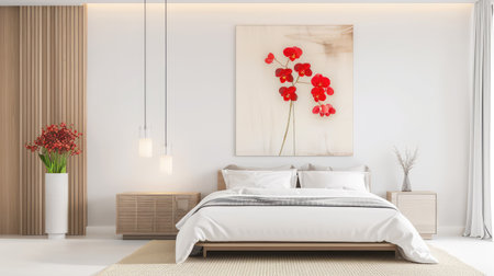 A serene modern bedroom featuring crisp white bedding, elegant red floral wall art, and stylish, minimalist decor that promotes tranquility and relaxation.の素材