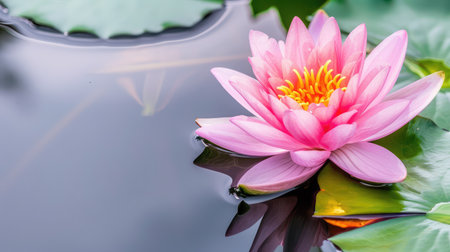 A stunning close-up of a pink water lily in full bloom, floating gracefully on a tranquil pond, surrounded by lush green leaves, capturing nature's beauty.の素材