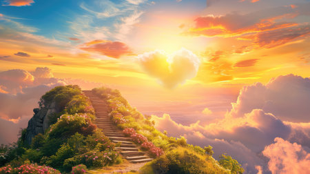 Experience an enchanting sunrise illuminating a stunning landscape, featuring a heart-shaped sun and serene garden steps leading to tranquility and peace.の素材