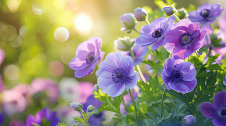 A stunning closeup of vibrant anemone flowers showcasing violet and purple hues, illuminated by warm sunlight and set against a dreamy bokeh background.の素材