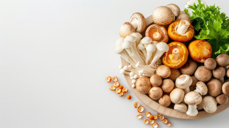 A vibrant and fresh arrangement of various edible mushrooms enhanced by crisp lettuce on a wooden platter, perfect for cooking and presentation.の素材
