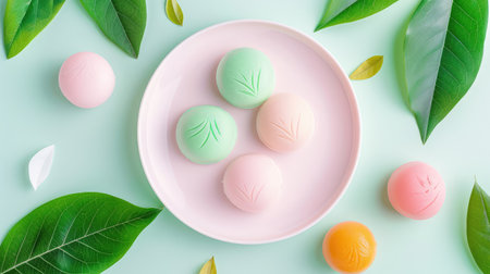 This image features a charming flat lay of colorful round soaps arranged on a pastel background, accented by vibrant green leaves, ideal for beauty and wellness projects.の素材