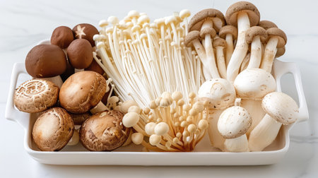 A beautifully arranged selection of assorted fresh mushrooms including shiitake, enoki, and button mushrooms on a white serving dish, capturing the essence of healthy cooking.の素材