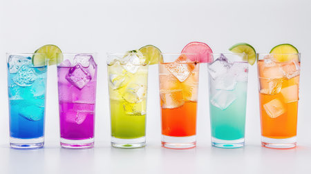 A vibrant display of colorful refreshing summer drinks served in tall glasses, filled with ice and garnished with slices of lime, perfect for lively gatherings.の素材