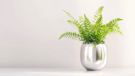 This image showcases a vibrant fern plant in a sleek silver pot, perfect for enhancing minimalist home decor and adding a touch of nature to any space.の素材